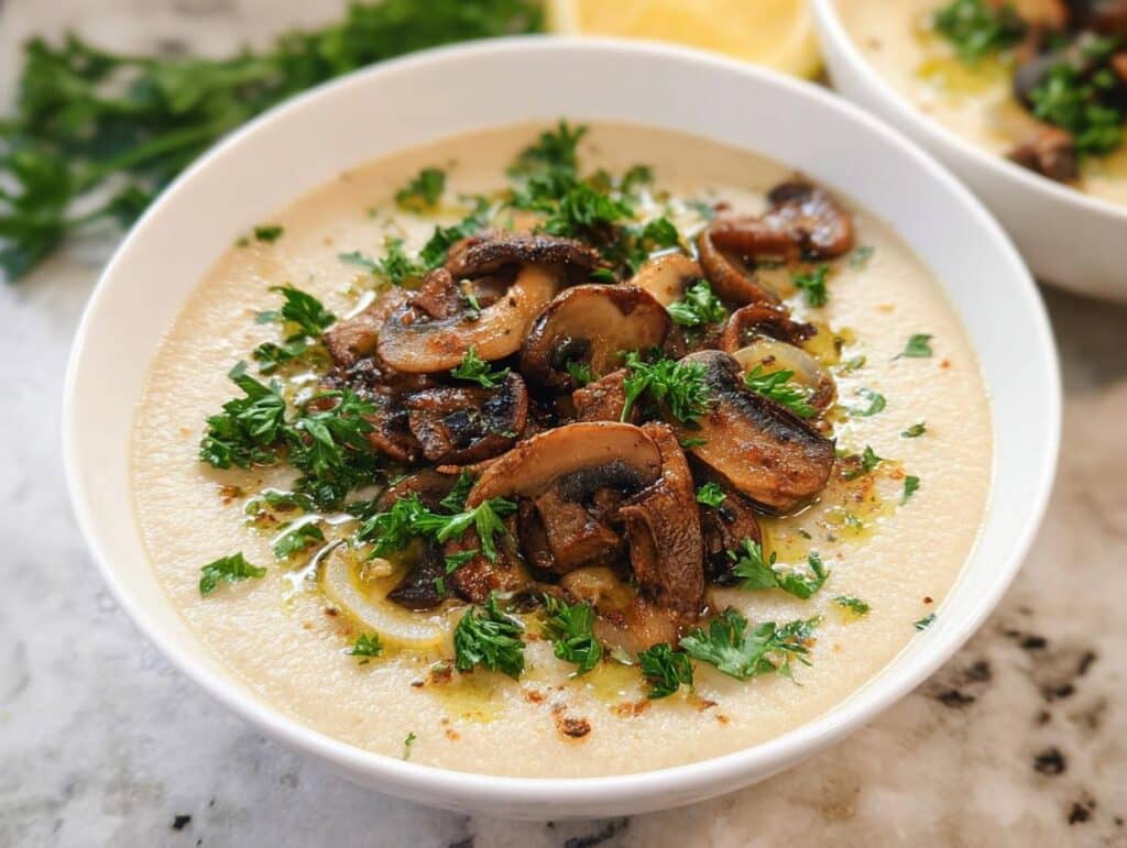 A creamy bowl of Cauliflower Detox Soup topped generously with sautéed brown mushrooms and fresh parsley.