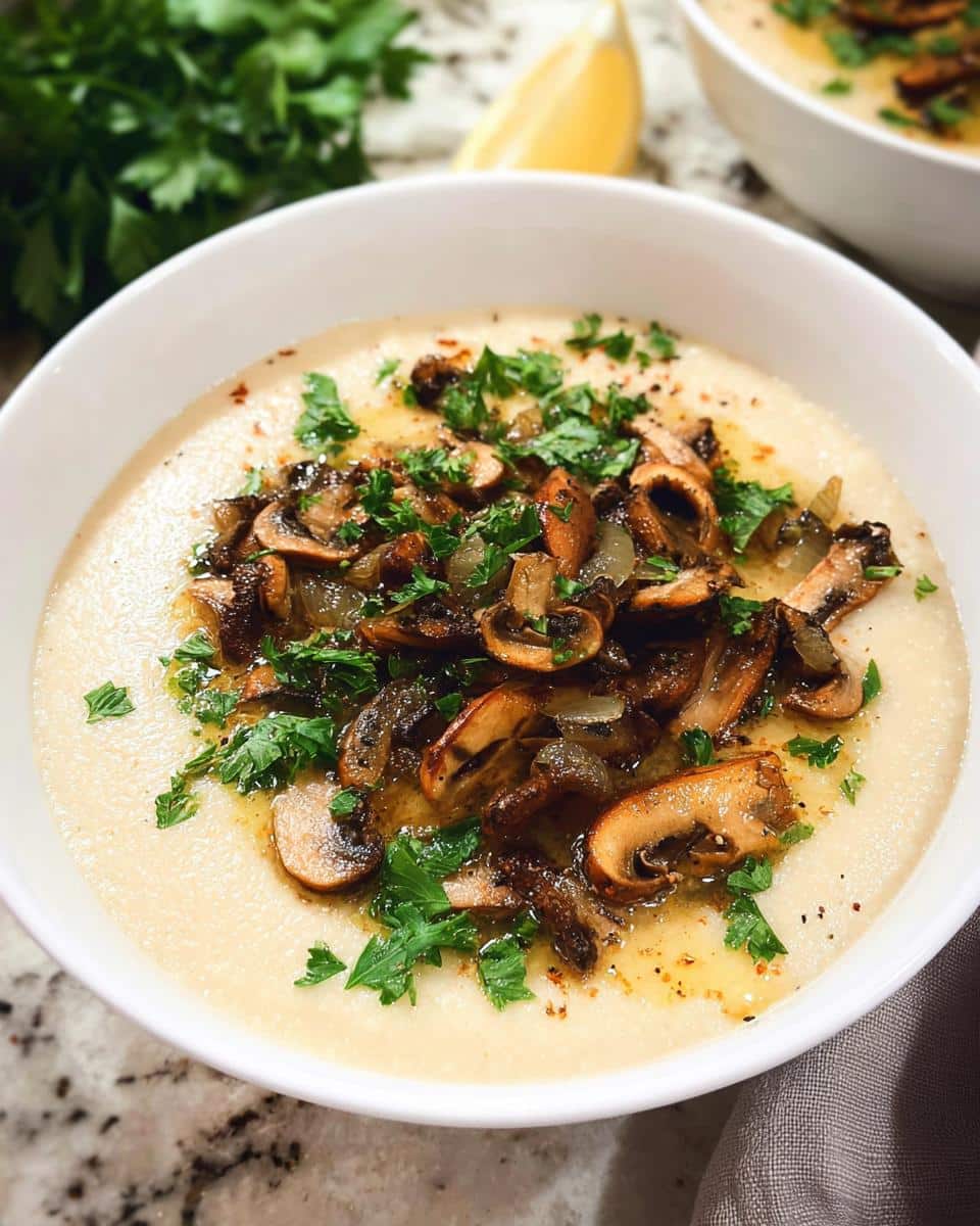 A creamy bowl of Cauliflower Detox Soup topped generously with sautéed mushrooms, onions, and fresh parsley.