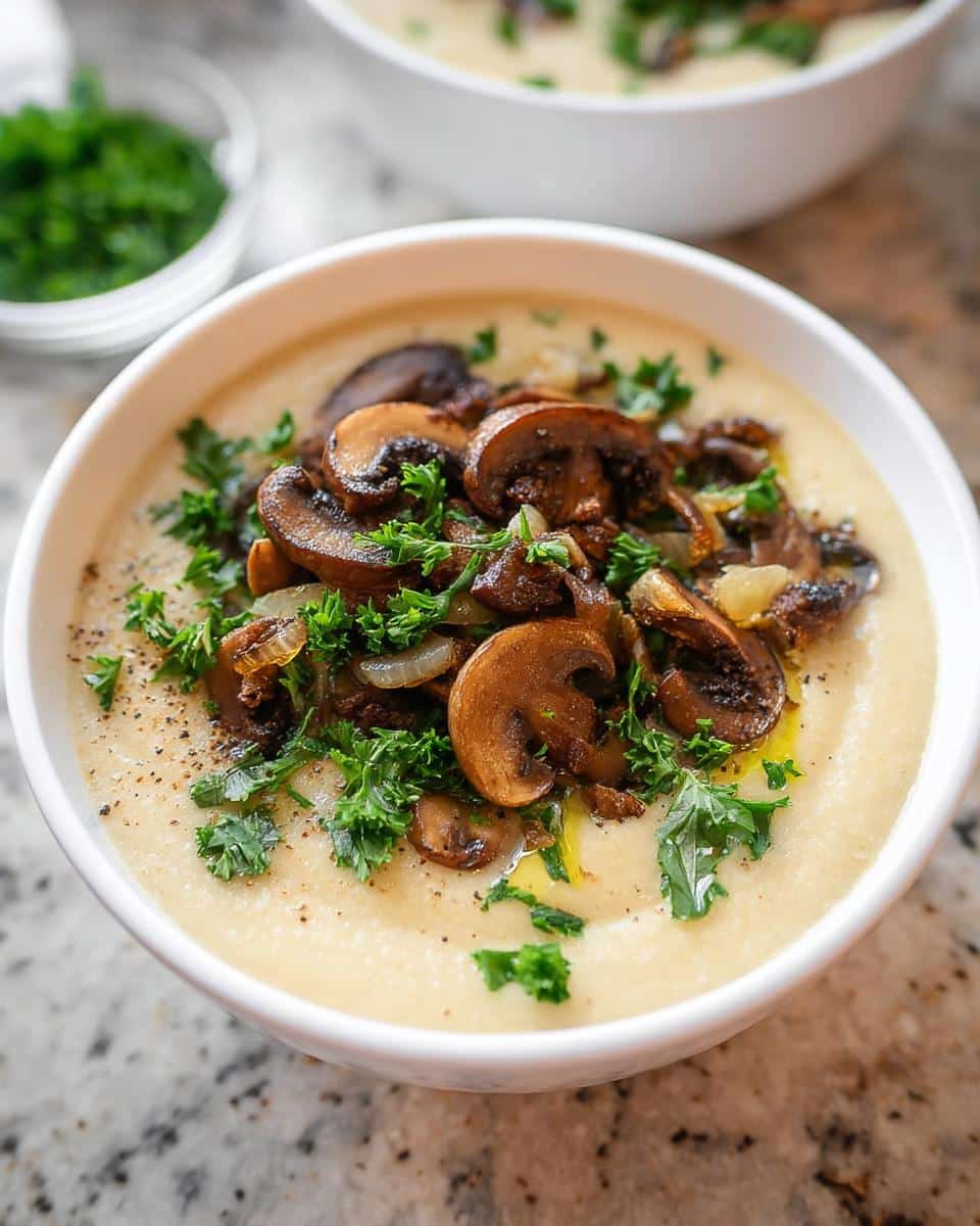 Creamy Cauliflower Detox Soup topped with savory sautéed mushrooms, onions, and fresh parsley.