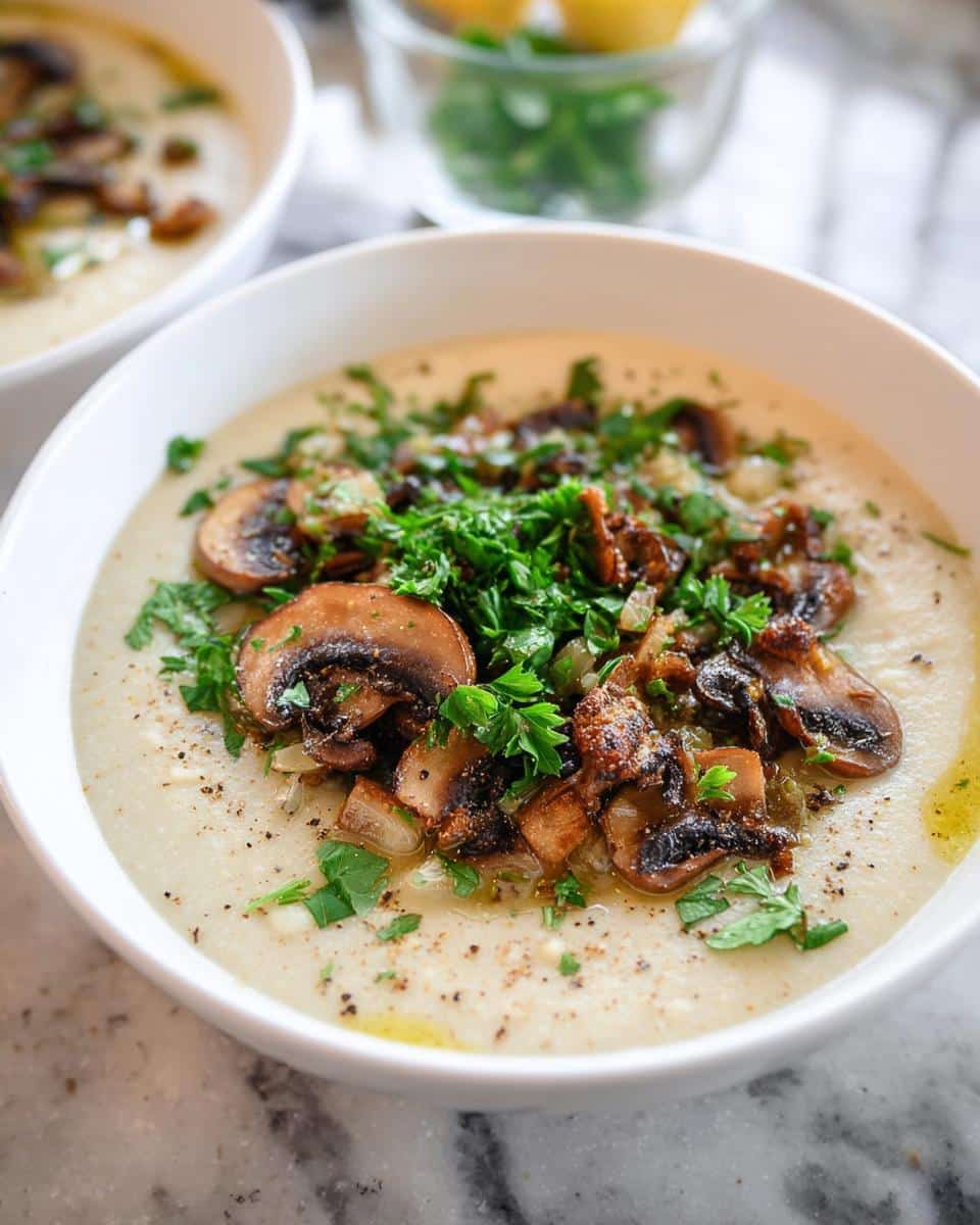 A creamy bowl of Cauliflower Detox Soup topped with sautéed mushrooms, fresh parsley, and black pepper.
