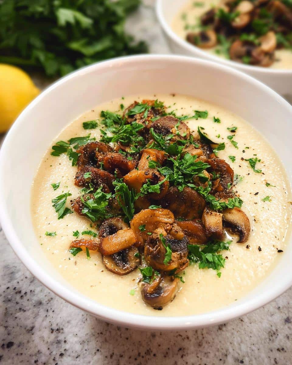 Close-up of creamy Cauliflower Detox Soup garnished generously with sautéed mushrooms and fresh parsley.