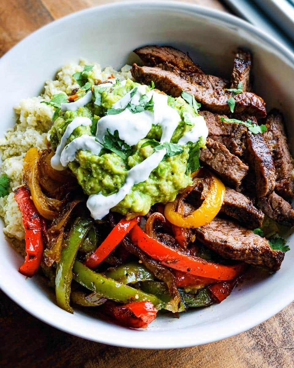 Close-up of Cauliflower Rice Steak Fajita Bowls with steak, peppers, guacamole, and sour cream.