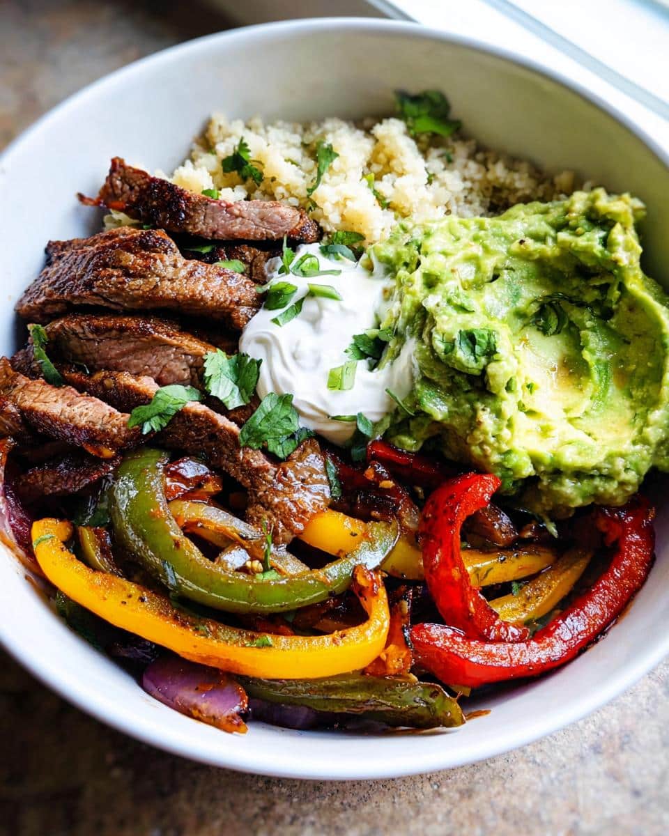 Close-up of a bowl featuring steak, sautéed peppers, cauliflower rice, guacamole, and sour cream for Cauliflower Rice Steak Fajita Bowls.
