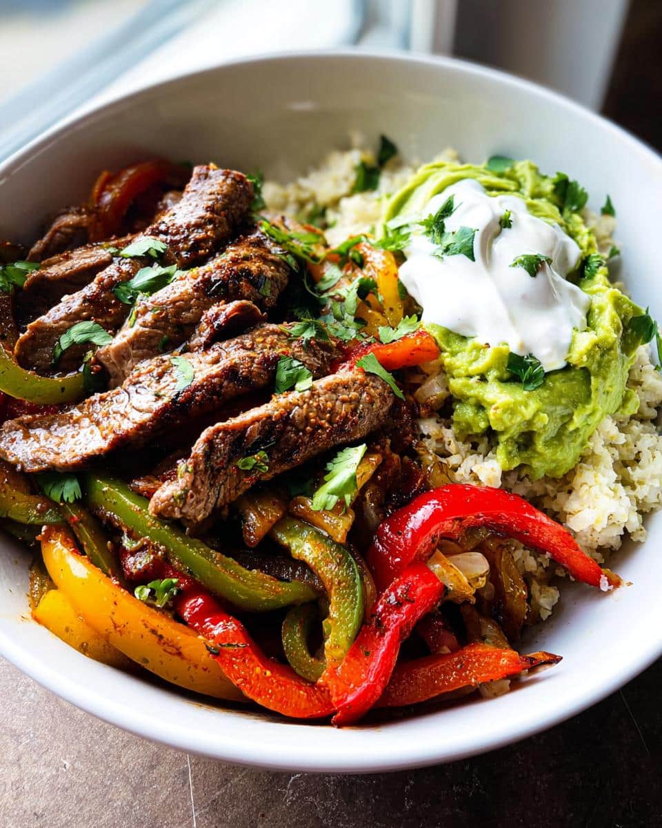 A white bowl filled with Cauliflower Rice Steak Fajita Bowls, featuring sliced steak, colorful peppers, cauliflower rice, guacamole, and sour cream.