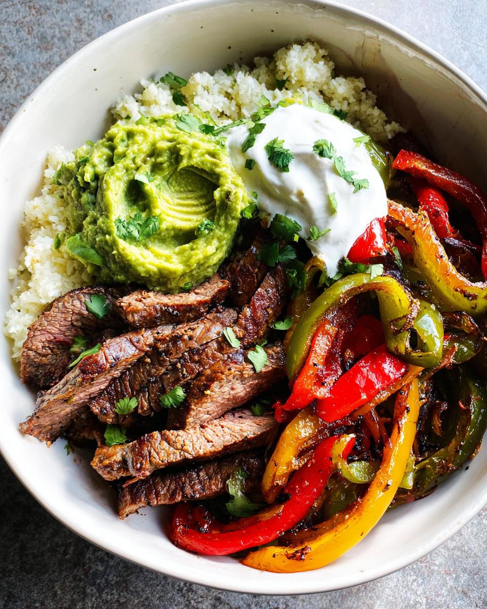 Close-up of a bowl featuring sliced steak, sautéed peppers, cauliflower rice, guacamole, and sour cream in Cauliflower Rice Steak Fajita Bowls.