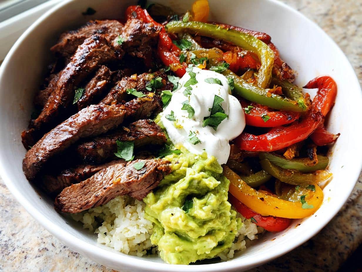 Close-up of Cauliflower Rice Steak Fajita Bowls with sliced steak, peppers, guacamole, and sour cream.