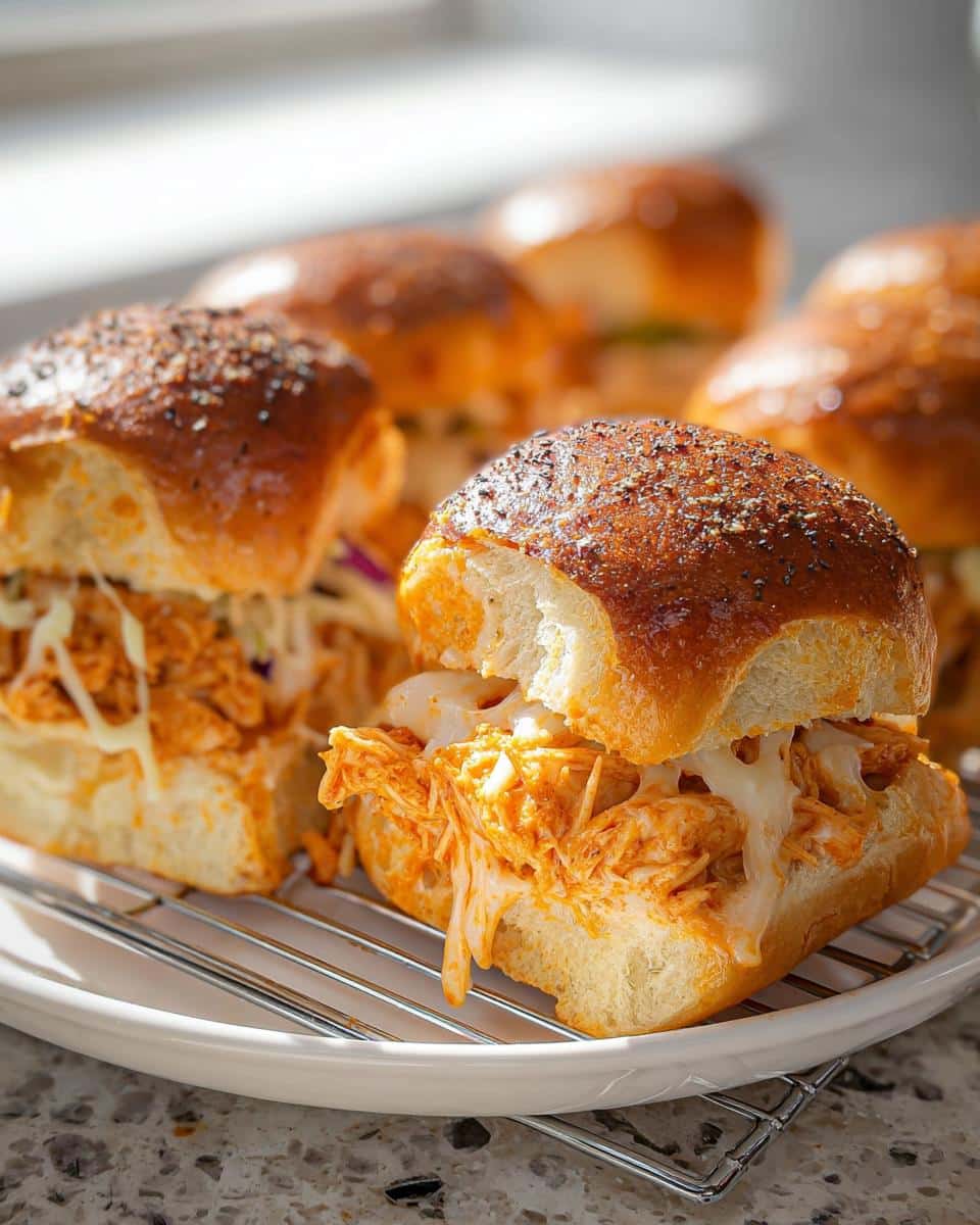 Close-up of gooey, cheesy Buffalo Chicken Sliders served on slider buns with poppy seed topping.