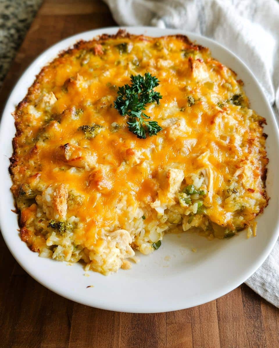 A baked Cheesy Chicken and Rice Bake topped with melted cheddar cheese and parsley garnish.