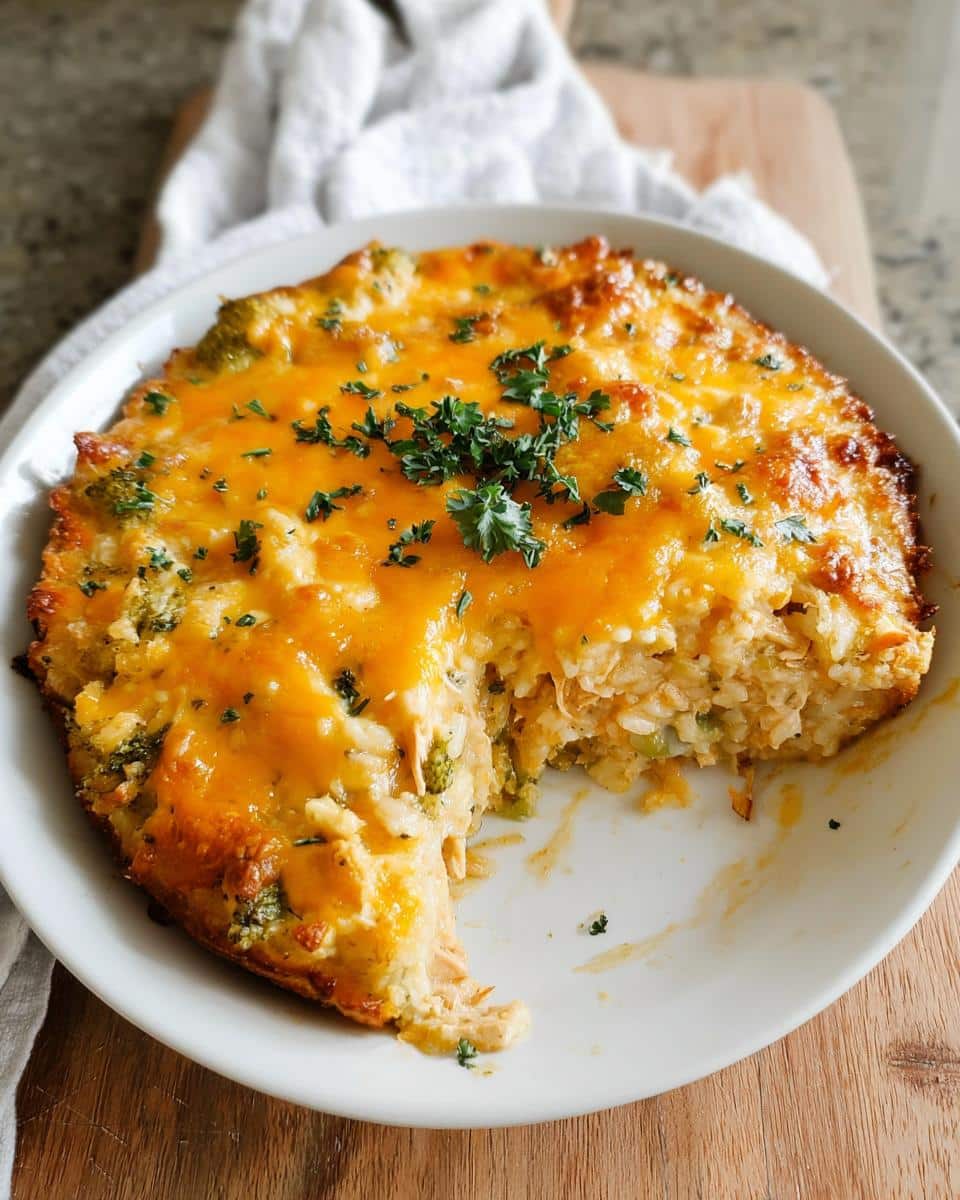 A close-up of a serving dish containing Cheesy Chicken and Rice Bake, topped with melted cheddar and parsley.