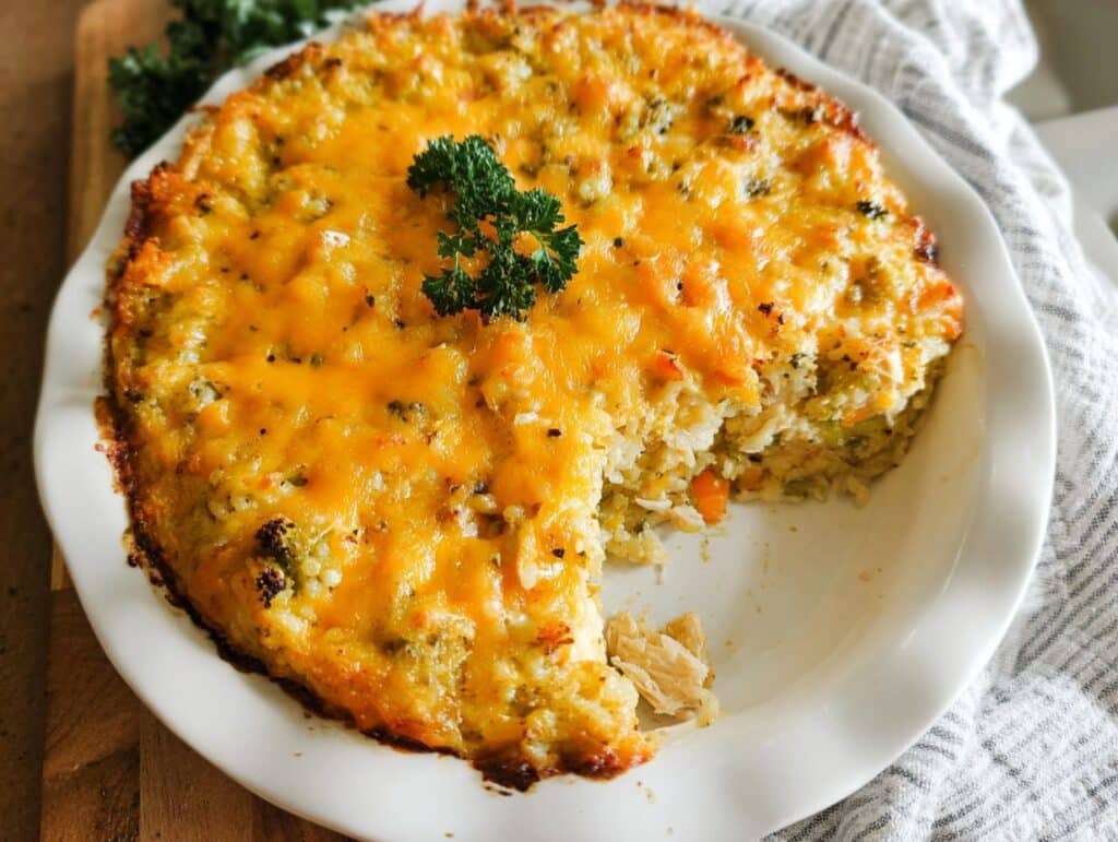 A baked Cheesy Chicken and Rice Bake with a golden melted cheese topping, served in a white dish.