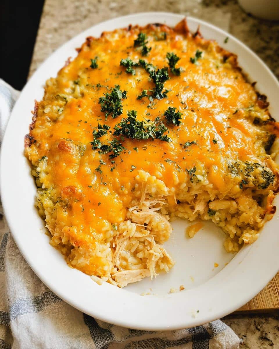 A serving of Cheesy Chicken and Rice Bake with a thick layer of melted orange cheddar cheese and parsley.