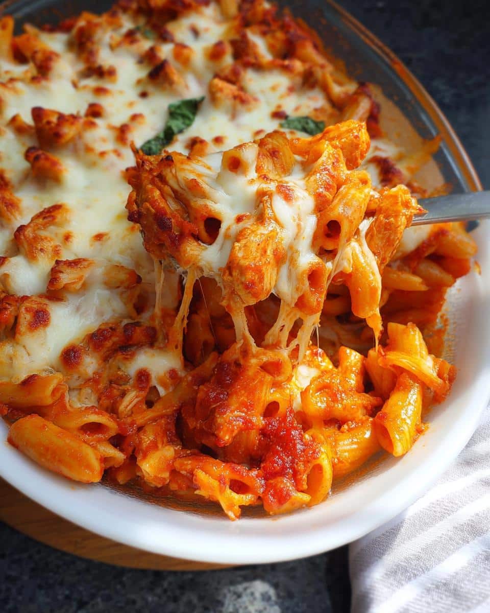 A spoonful of cheesy Gluten-Free Chicken Pasta Bake being lifted from the dish, showing melted mozzarella strings.