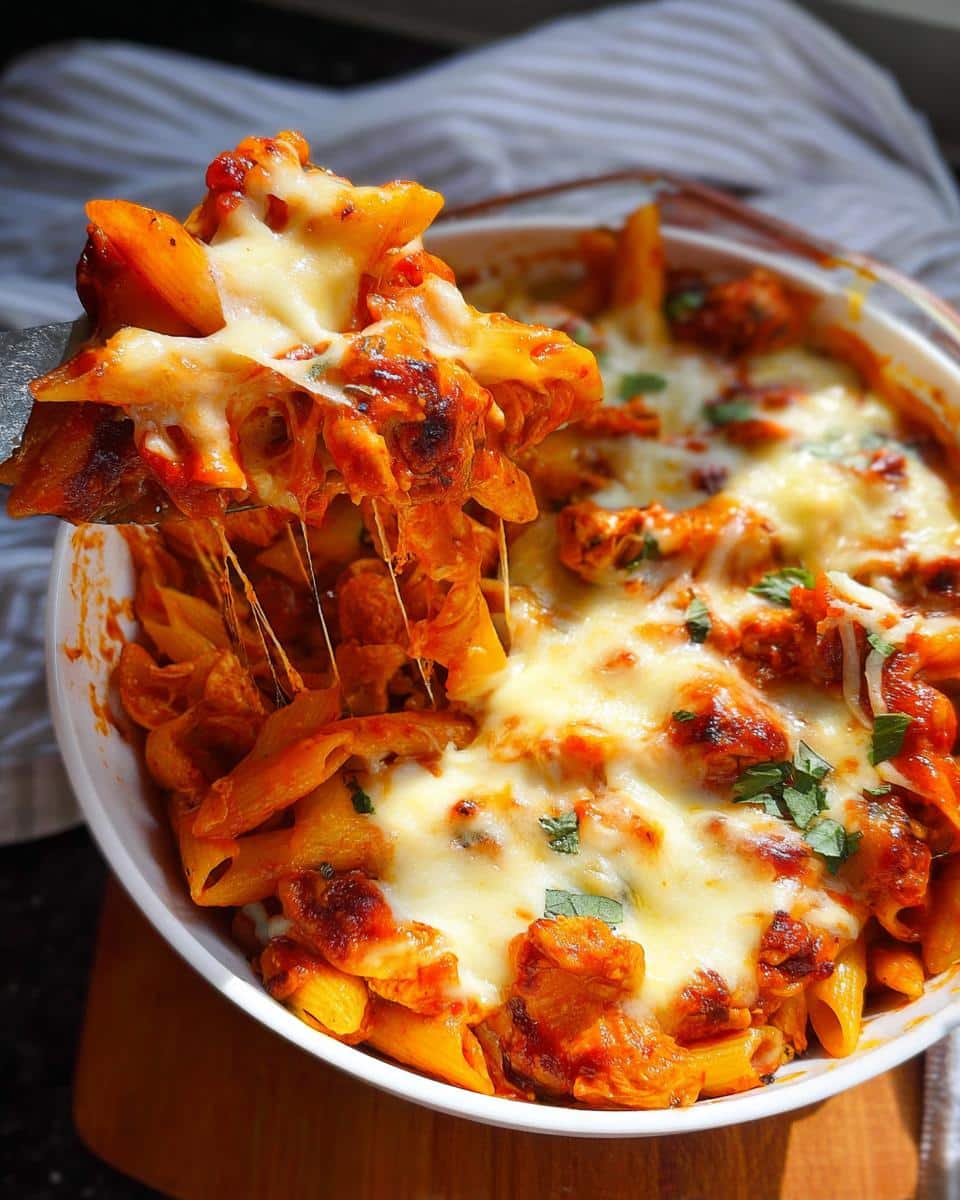 A serving spoon lifts cheesy, saucy pasta from a dish of Gluten-Free Chicken Pasta Bake, showing long cheese pulls.