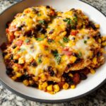 Close-up of baked Santa Fe chicken topped with melted cheddar and Monterey Jack cheese, black beans, and corn.