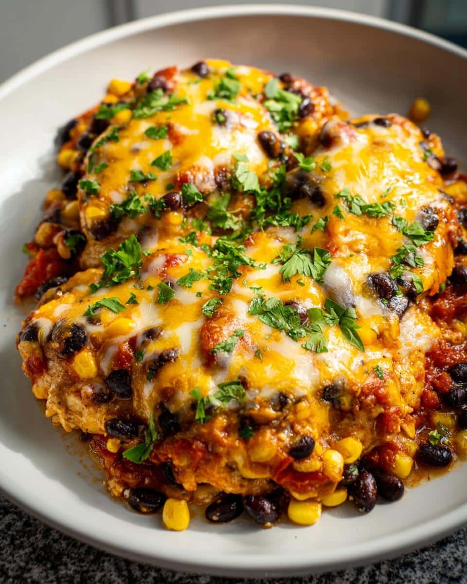 Close-up of baked Santa Fe chicken topped with melted cheddar cheese, black beans, corn, and fresh cilantro.