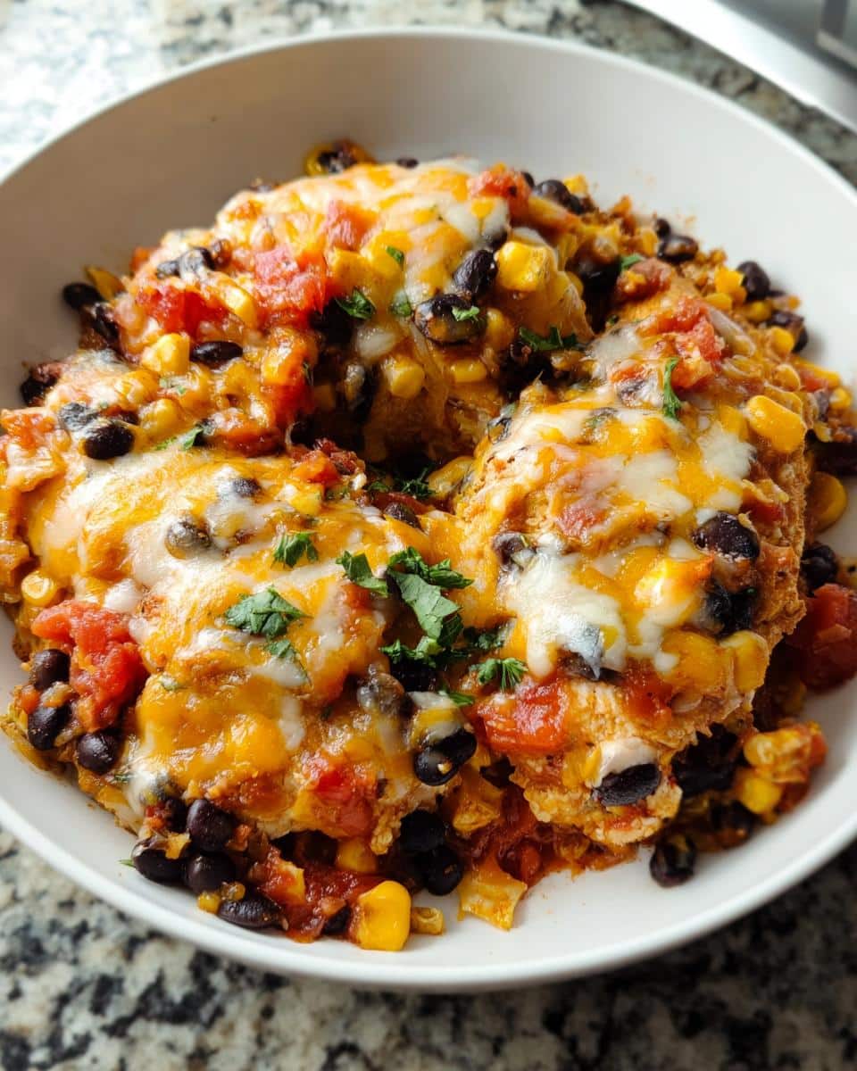 Close-up of baked Santa Fe chicken topped with melted cheddar and Monterey Jack cheese, black beans, corn, and tomatoes.