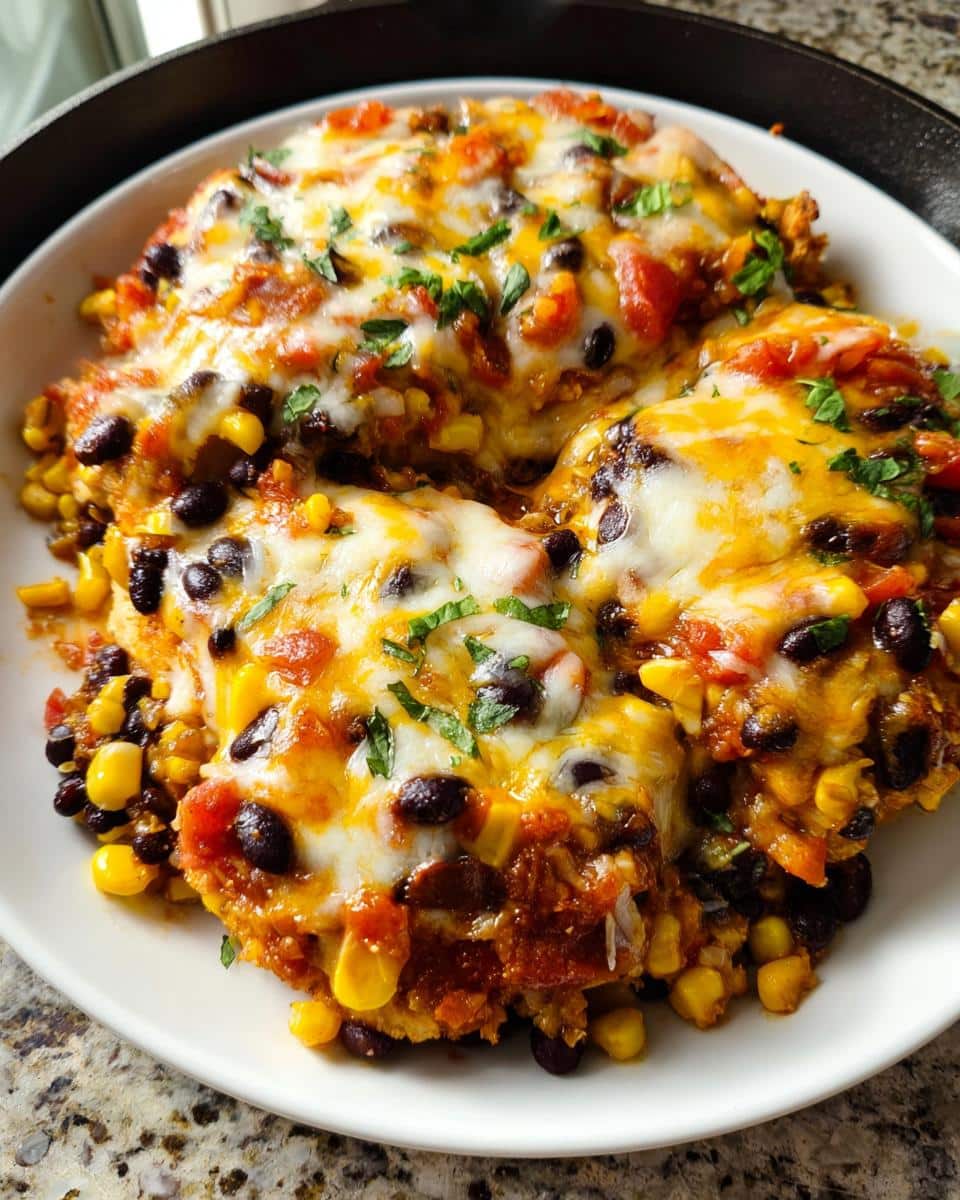 Close-up of cheesy Santa Fe chicken topped with melted mozzarella, black beans, corn, and cilantro.