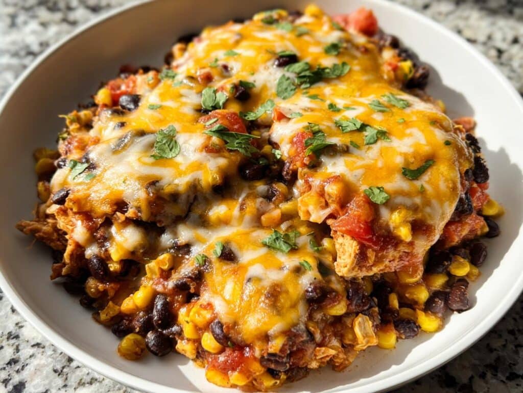 Close-up of baked Santa Fe chicken topped with melted cheddar and Monterey Jack cheese, black beans, corn, and cilantro.