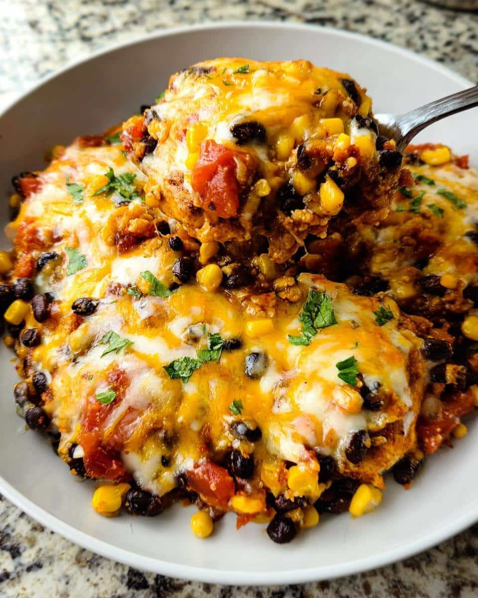 A spoonful of cheesy Santa Fe chicken casserole topped with melted cheddar and Monterey Jack cheese, corn, and black beans.