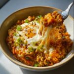 A bowl of Cheesy Savory Overnight Oats topped with a fried egg and showing a dramatic cheese pull.