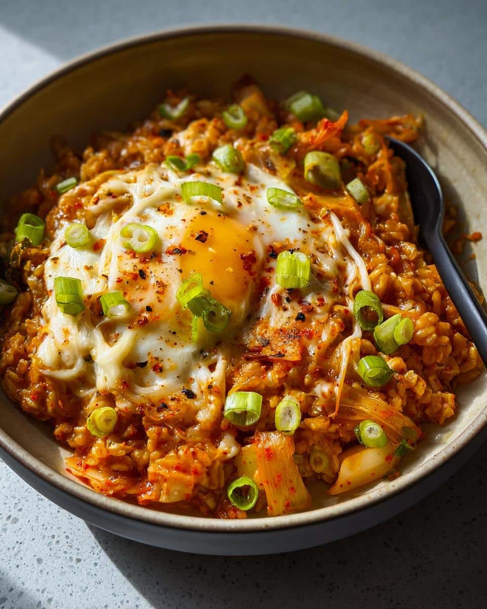 A bowl of Cheesy Savory Overnight Oats topped with a fried egg, melted cheese, and green onions.