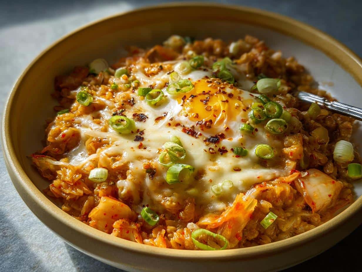 A bowl of Cheesy Savory Overnight Oats topped with melted cheese, a sunny-side-up egg, and green onions.