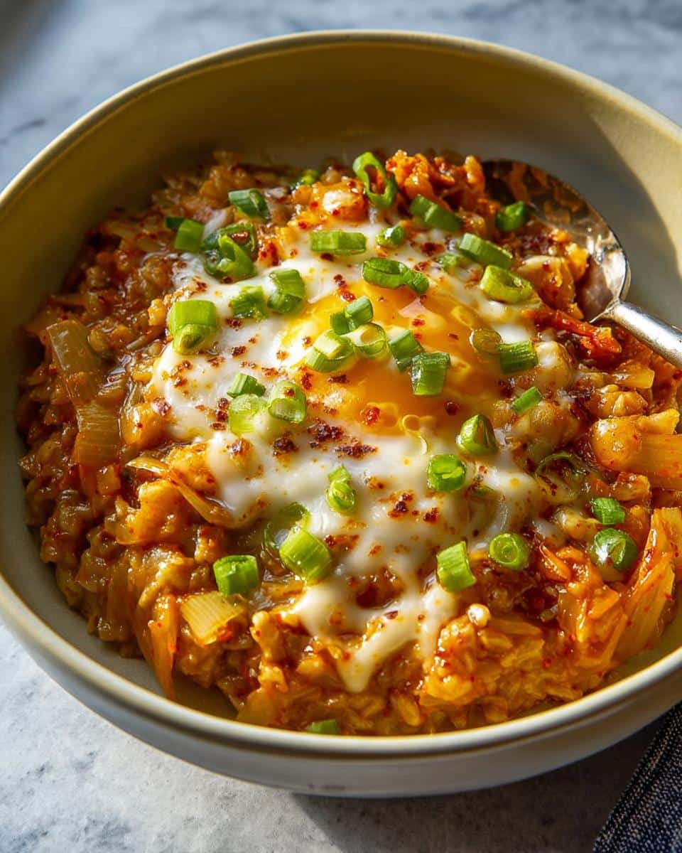 Close-up of Cheesy Savory Overnight Oats topped with a runny fried egg, melted cheese, and chopped green onions.