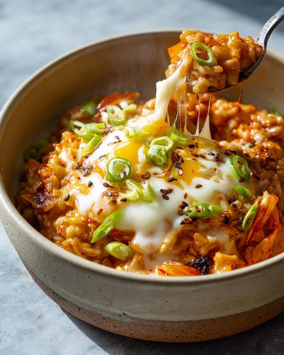 A spoonful of hot Cheesy Savory Overnight Oats being lifted, showing melted cheese strings, topped with a runny egg and scallions.