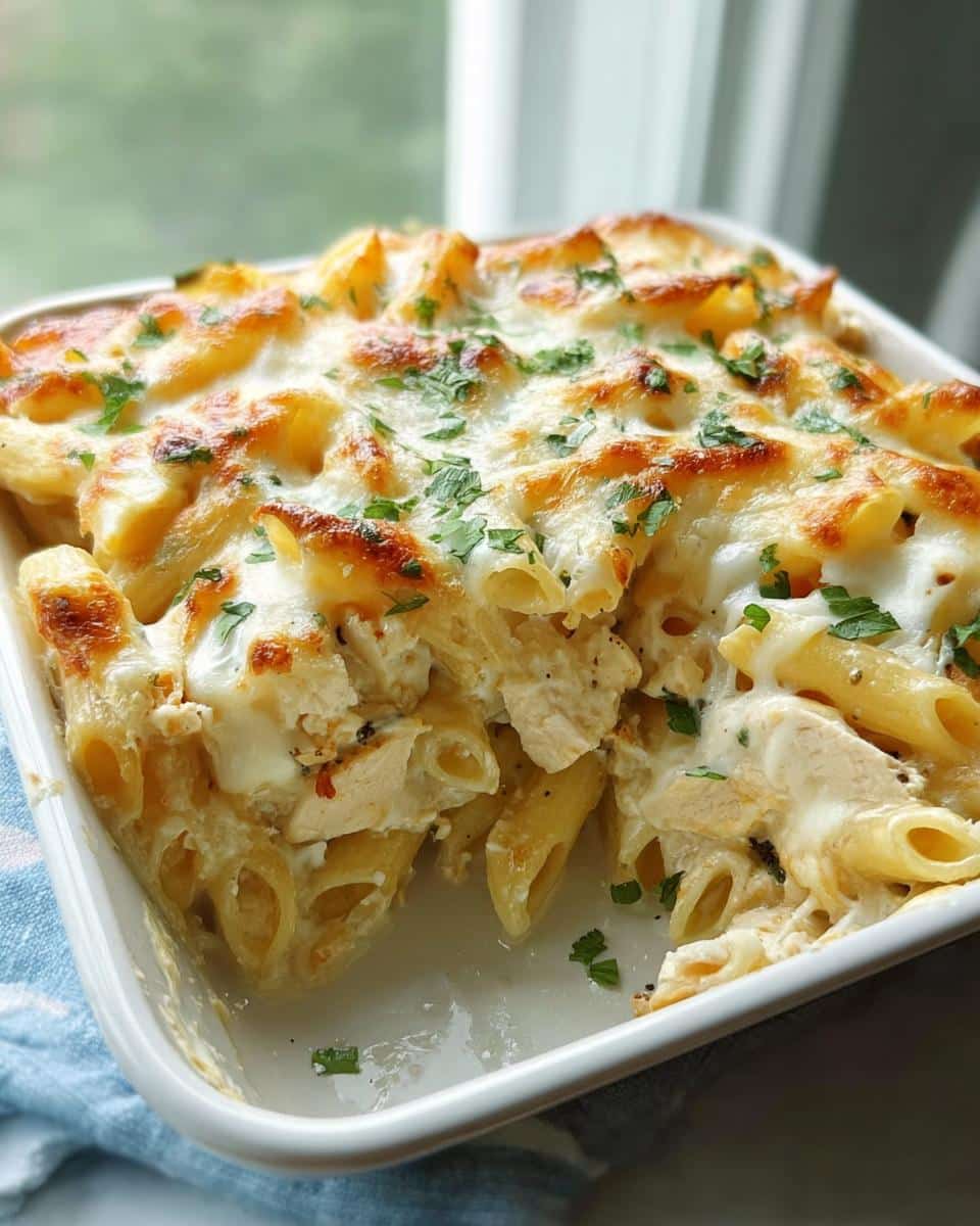 A close-up of a baked Chicken Alfredo Casserole with penne pasta, creamy sauce, and browned cheese topping.