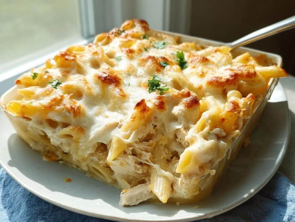 A square serving of creamy Chicken Alfredo Casserole with penne pasta and shredded chicken, topped with melted, browned cheese.
