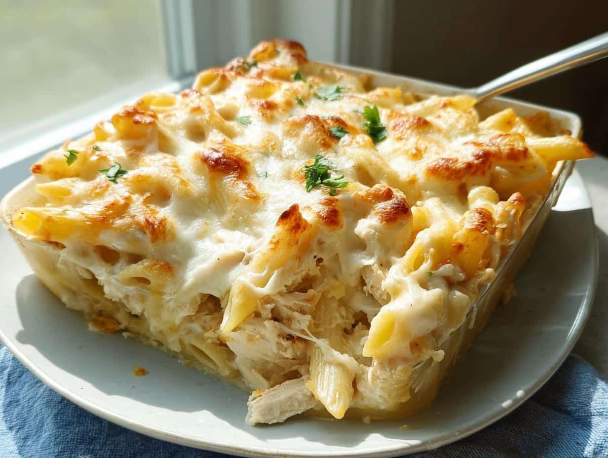 A square serving of creamy Chicken Alfredo Casserole with penne pasta and shredded chicken, topped with melted, browned cheese.