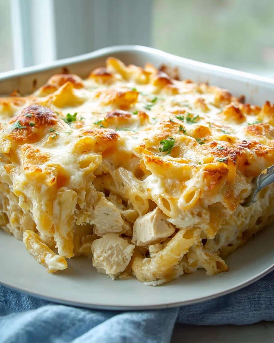 A portion of rich Chicken Alfredo Casserole being served, showing creamy pasta, chunks of chicken, and a bubbly, browned cheese topping.