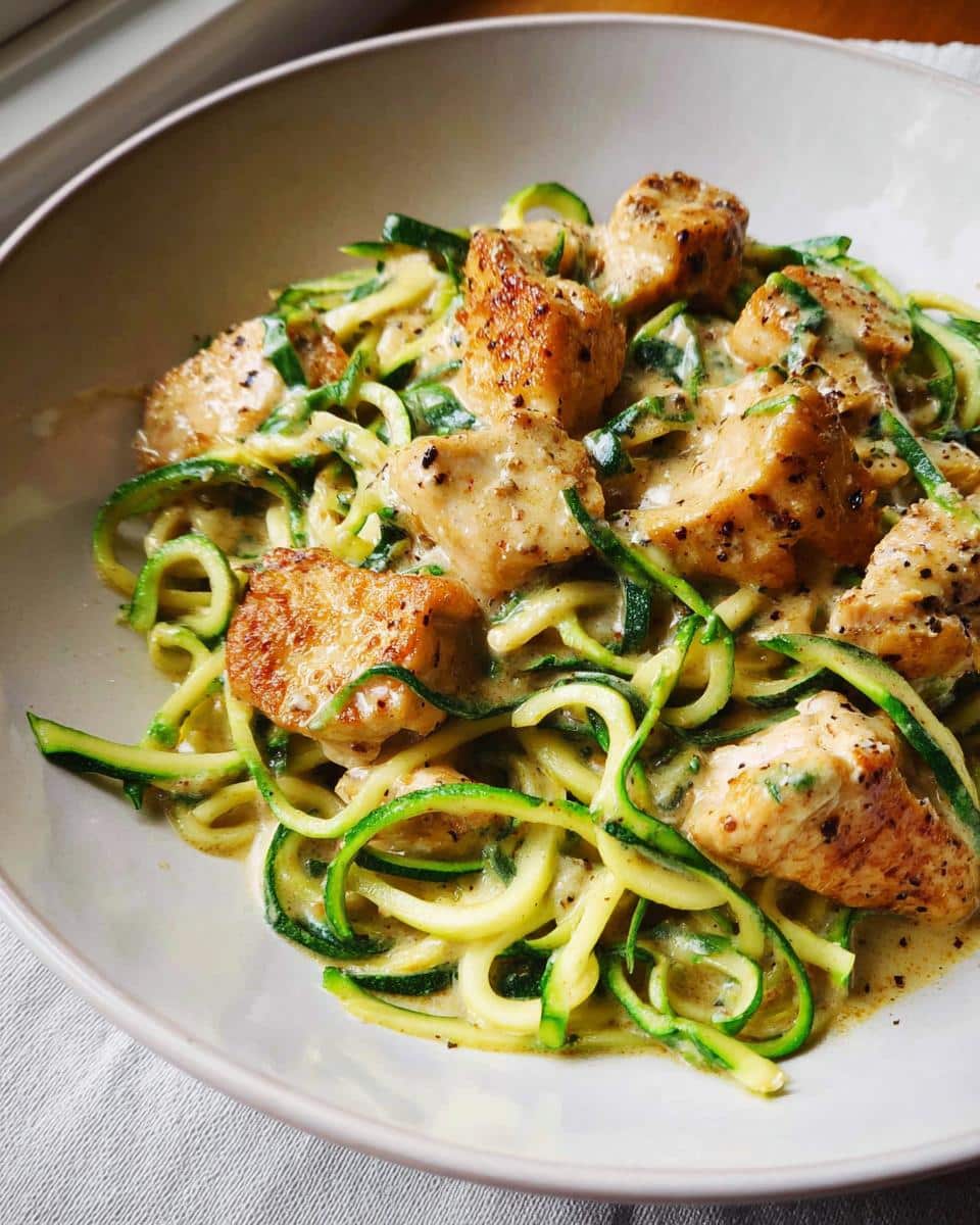 A bowl of creamy Chicken Alfredo with Zucchini Noodles, featuring browned chicken pieces and vibrant green zucchini spirals.