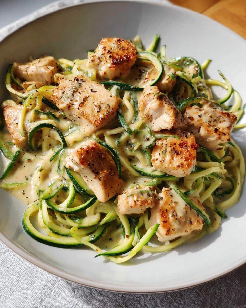 Close-up of Chicken Alfredo with Zucchini Noodles tossed in a creamy sauce in a light bowl.