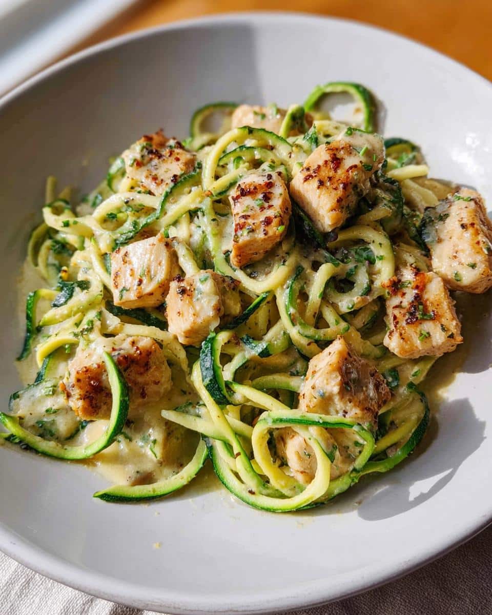 A close-up shot of creamy Chicken Alfredo with Zucchini Noodles topped with seasoned, cubed chicken pieces.