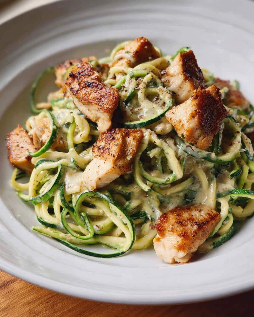 A close-up of Chicken Alfredo with Zucchini Noodles tossed in a creamy sauce and topped with seared chicken pieces.