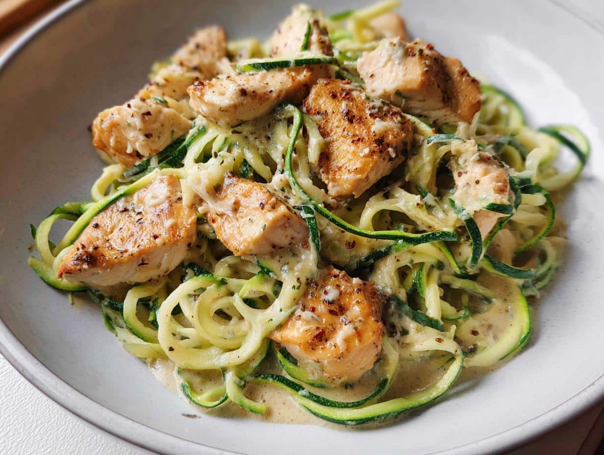 A close-up of seasoned, pan-seared chicken pieces served over creamy zucchini noodles in a white bowl, featuring Chicken Alfredo with Zucchini Noodles.