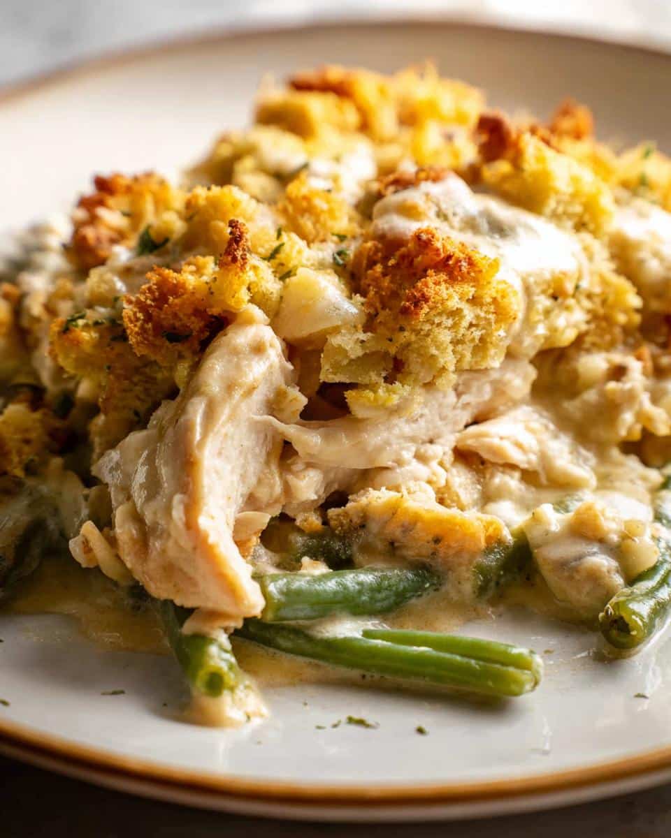 Close-up of a serving of creamy Chicken and Stuffing Casserole featuring shredded chicken, green beans, and a golden stuffing topping.