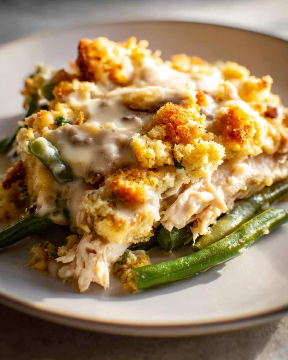 Close-up of a serving of Chicken and Stuffing Casserole featuring shredded chicken, creamy sauce, and bright green beans.