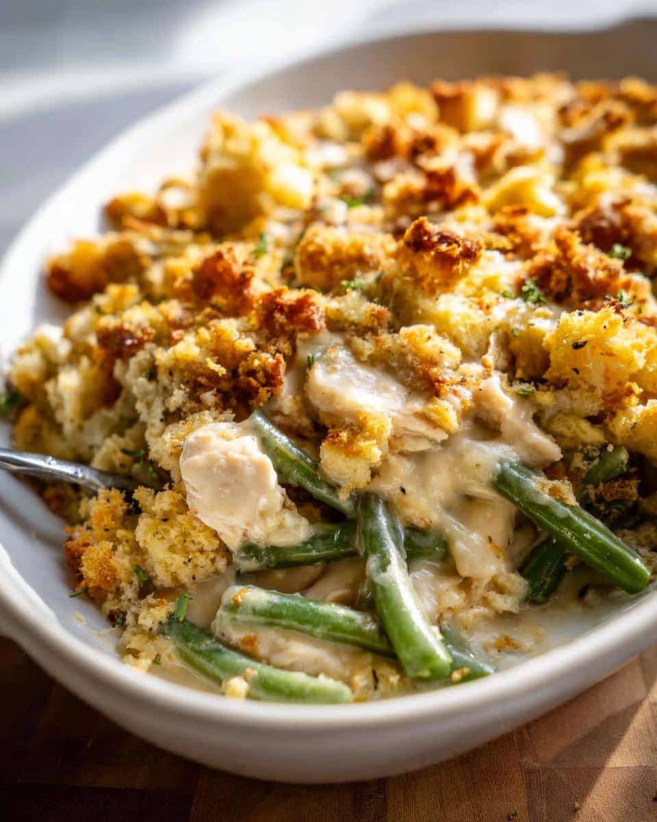 A close-up of a serving spoon digging into a creamy Chicken and Stuffing Casserole with visible green beans.