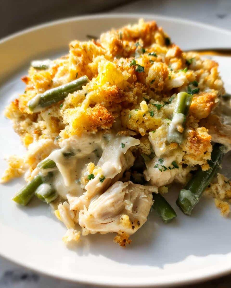 Close-up of a serving of Chicken and Stuffing Casserole with creamy sauce, shredded chicken, and green beans topped with golden stuffing.
