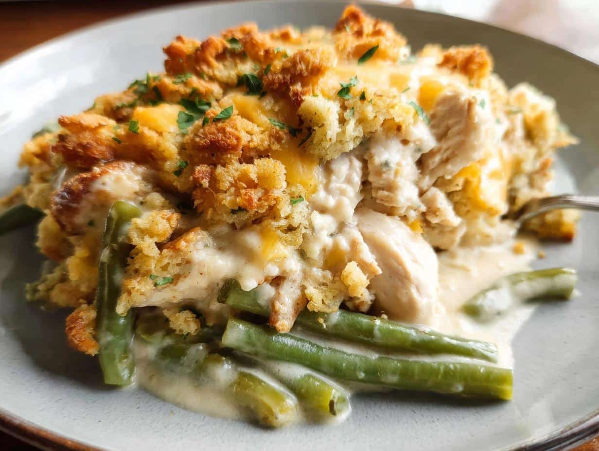 A close-up serving of Chicken and Stuffing Casserole featuring creamy chicken, green beans, and a golden, crispy stuffing topping.