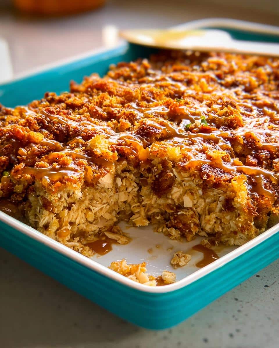 A close-up of Chicken and Stuffing Casserole with Gravy in a bright blue baking dish, showing a serving removed.