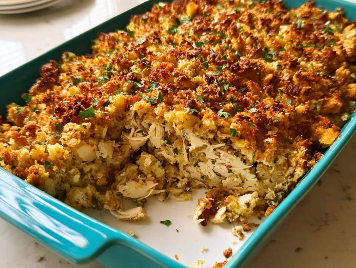 Close-up of a baked Chicken and Stuffing Casserole with Gravy showing shredded chicken beneath a golden, crispy stuffing topping.