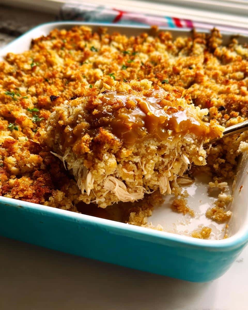 A spoonful of moist Chicken and Stuffing Casserole with Gravy being lifted from a bright blue baking dish.