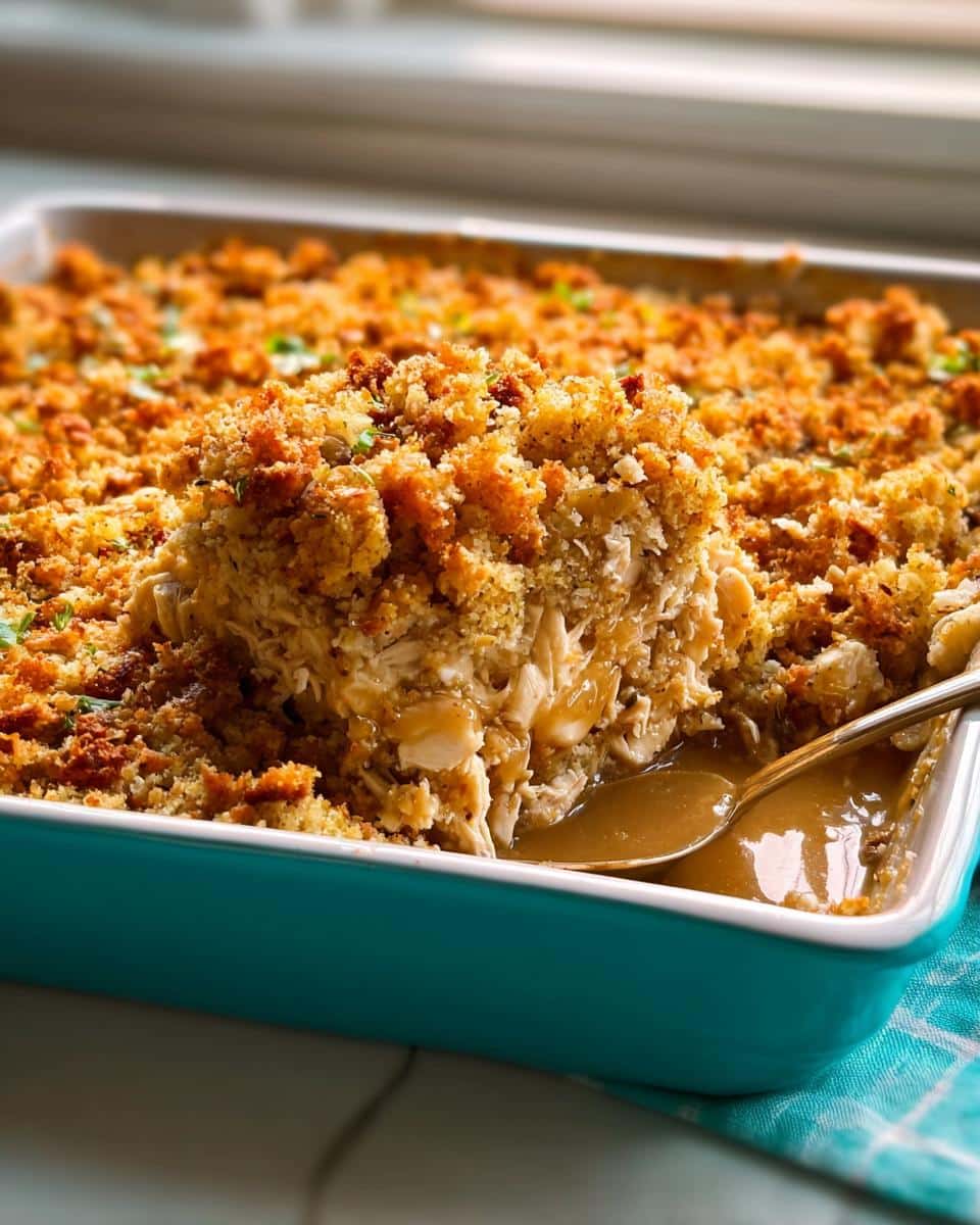 A spoonful being lifted from a baking dish of Chicken and Stuffing Casserole with Gravy, showing shredded chicken and crispy topping.