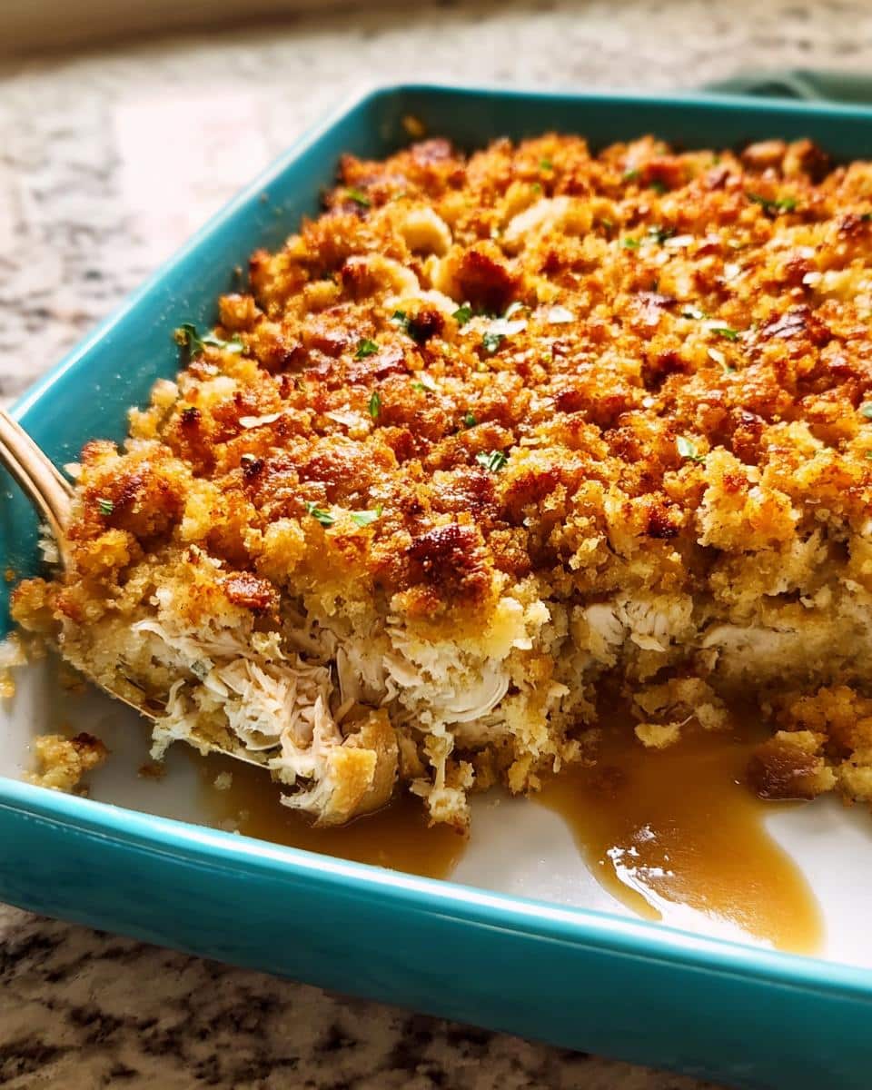 A spoonful of moist shredded chicken and stuffing being lifted from a baked Chicken and Stuffing Casserole with Gravy.