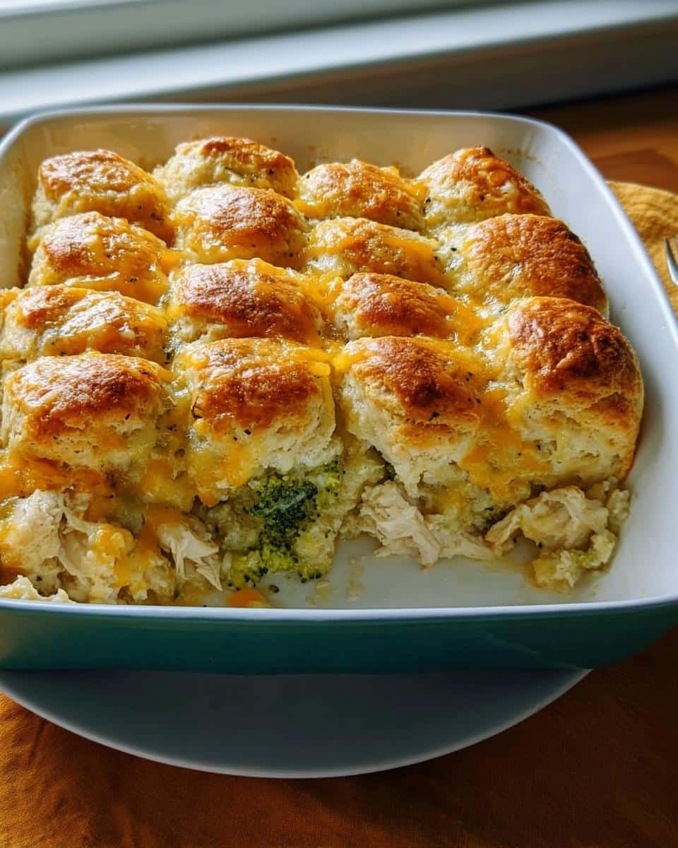 A baked Chicken Biscuit Casserole with golden biscuits, melted cheese, chicken, and broccoli visible where a serving has been removed.