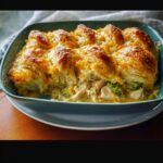 A freshly baked Chicken Biscuit Casserole with golden biscuits, melted cheese, chicken, and broccoli filling.