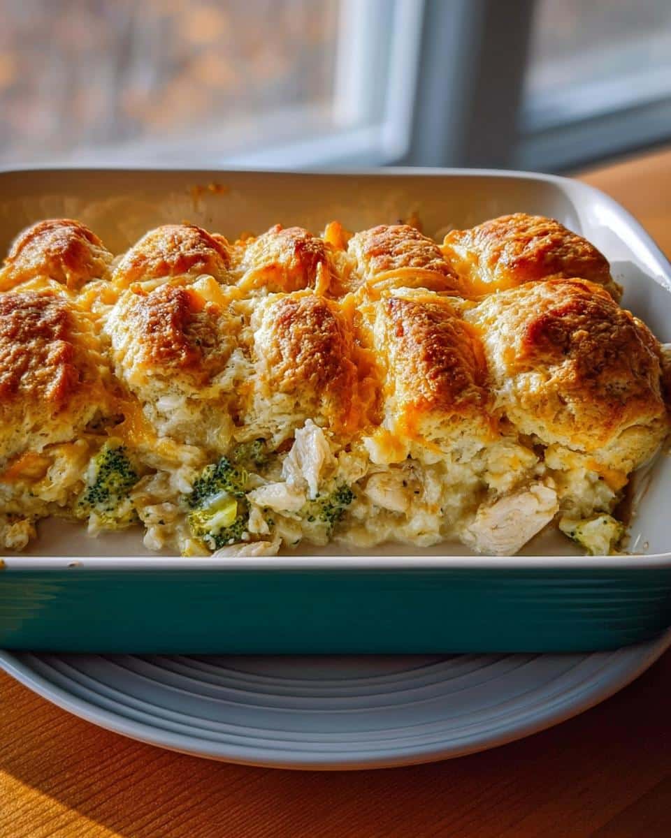 A freshly baked Chicken Biscuit Casserole with golden biscuits and visible chicken and broccoli filling.